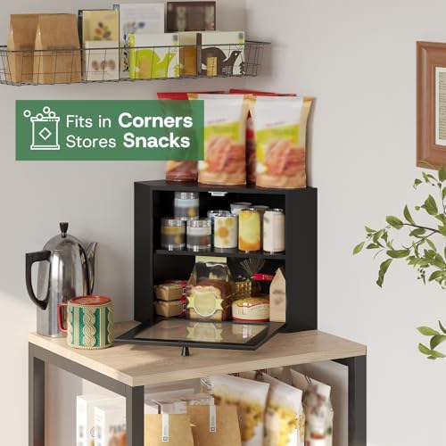 kiplant Black Corner Bread Box for Kitchen Countertop - Bamboo Wood, Wavy Acrylic Door, Adjustable 2-Layer Bread Storage Container, Large Bread Holder