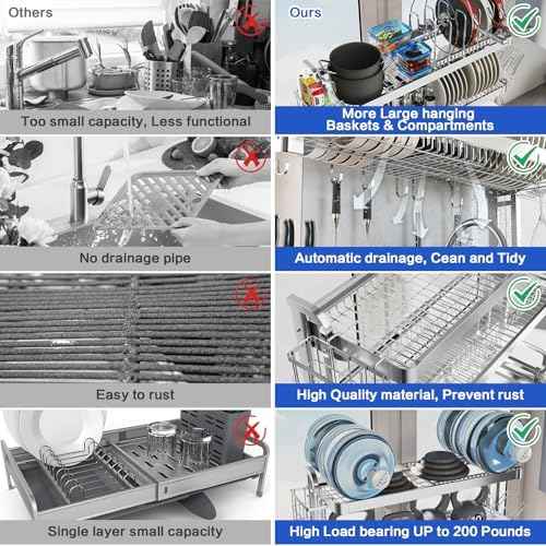 LIVOD Over The Sink Dish Drying Rack,3 Tier Adjustable Length Full Stainless Steel Large Storage Kitchen Dish Rack,for Kitchen Counter Expandable Multifunctional Organizers,Silver (25.98-37.6")