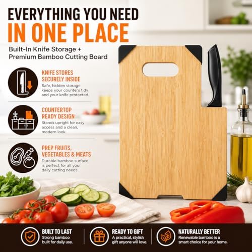 Bamboo Cutting Board with Knife Set, 13.4 x 9.4 Inch Wooden Chopping