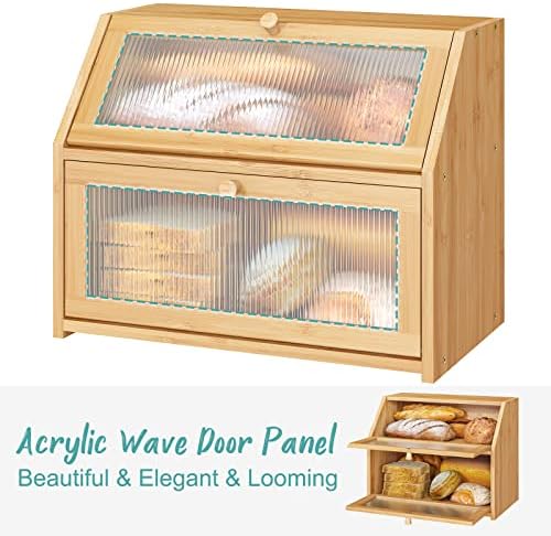 Bread Box for Kitchen Counter, Large Bamboo Wood Double Layer Bread Box, Wooden Bread Storage Capacity