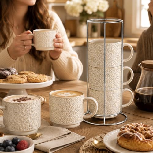 6 Oz Coffee Cups Set of 4, Espresso Cups with Stand, Stackable