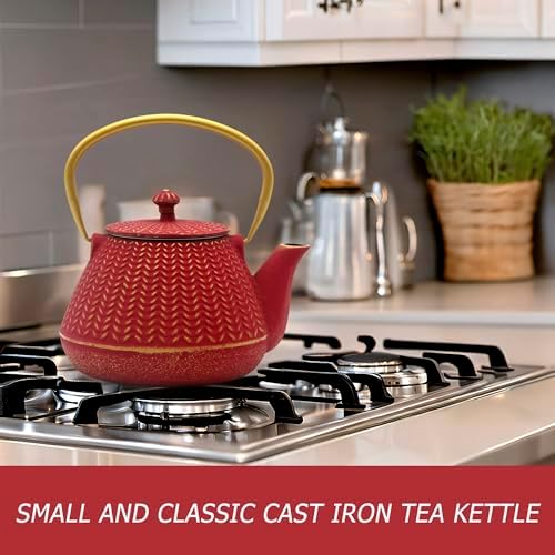 Red Cast Iron Tea Kettle, 1000ml with Infuser
