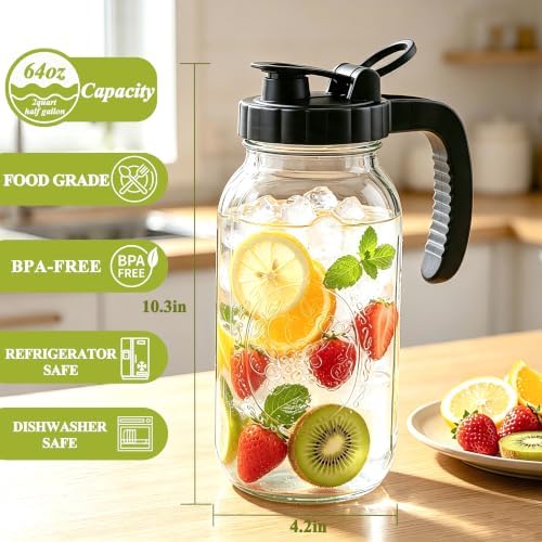 Glass Pitcher with Lid 64OZ Mason Jar Pitcher with Ergonomic Handle