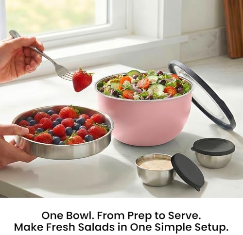 Rorence 18/8 Stainless Steel Salad Bowl Kit,3QT,Pink