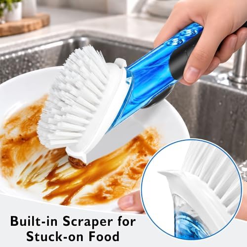 Soap Dispensing Dish Brush with Holder and 2 Refill Heads