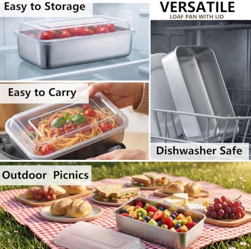 LIANYU 9 x 5 Inch Loaf Pan with Lid, Stainless Steel Bread Pan, Set of