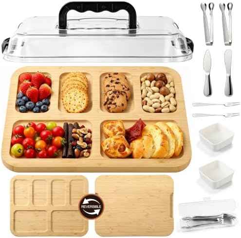 Kochorie 10 Pieces Portable Bamboo Cheese Board Set Charcuterie Board with Lid and Handle, Knife Set Meat Fruit Serving Tray Platter for Travel Picnic Kitchen House Warming Gifts (Rectangular)