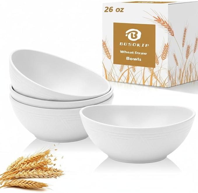 Wheat Straw Bowls Set of 4, Unbreakable Plastic Bowls Reusable, Microwave Safe by BUSOKIP