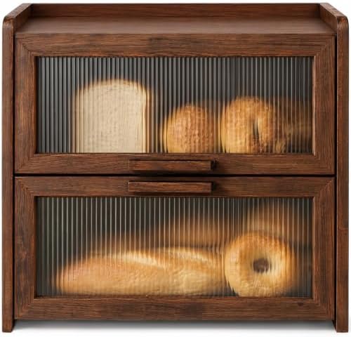 Kitsure Wooden Bread Box for Kitchen Countertop, 2 Layer, Large, Brown