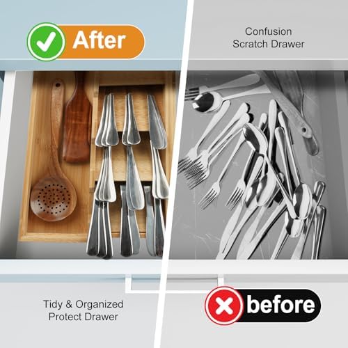 Expandable Bamboo Kitchen Drawer Organizer, Adjustable Silverware