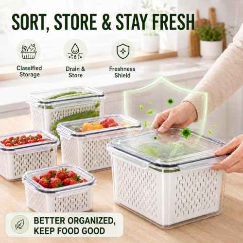Fruit Storage Containers with Removable Colander and Lid, 8-Pcs
