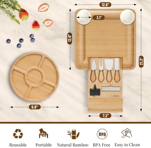 CAWIU Bamboo Charcuterie Board Set with Lid, Drawer and Fruit Tray, Black