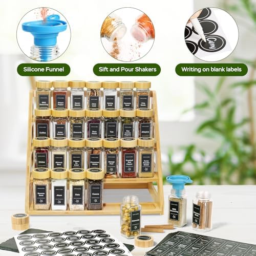 4Tier Bamboo Spice Rack Organizer with 28 Glass Spice Jars Empty 4 oz