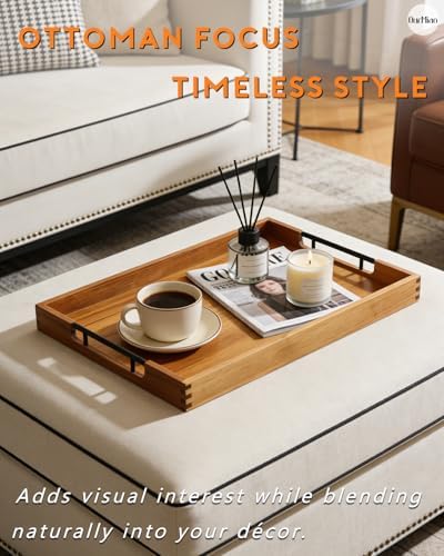 22" x 15.75" Wooden Serving Tray with Handles, Acacia Ottoman Tray
