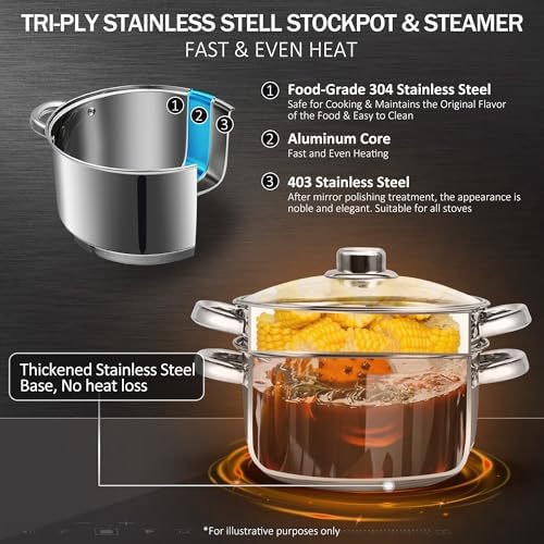 AuFranc® 4 Quart 18/10 Stainless Steel Tri-ply Stockpot and Steamer with Tempered Glass Lid, Multipurpose Steamer Pot Compatible with All Cooktops, Non-Toxic Soup Pot, Oven & Dishwasher Safe (Silver)