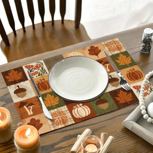 RABUSOFA Plaid Pumpkin Maple Leaves Fall Placemats Set of 4