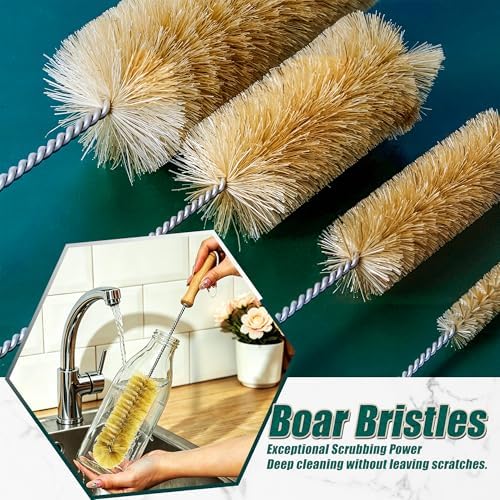 Boar Bristle Bottle Brush Set (4 Pack) - Straw & Water Bottle Cleaner