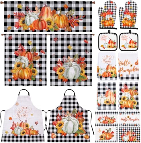 Tiamon 17 Pcs Fall Kitchen Set, Buffalo Pumpkin, Curtains Apron Mitts