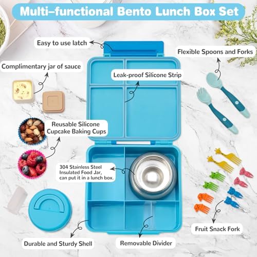 Bento Lunch Box with 9.5 oz Soup Thermo, Kids Leakproof 4 Compartments