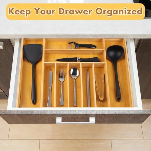 Bamboo Drawer Organizer - Expandable Silverware & Utensil Drawer