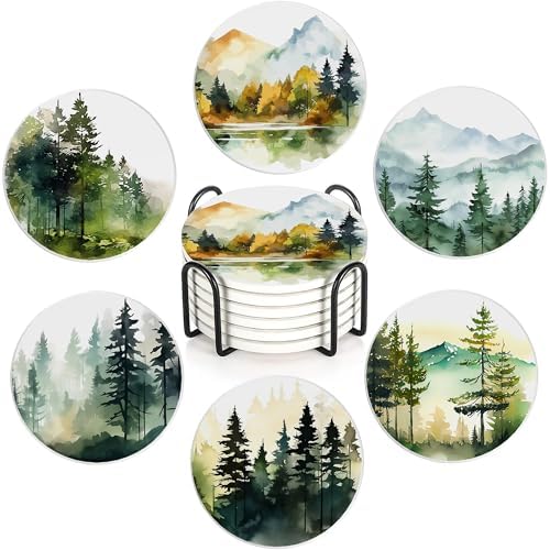 Table Coaster for Drinks Set of 6, Watercolor Misty Forest Round