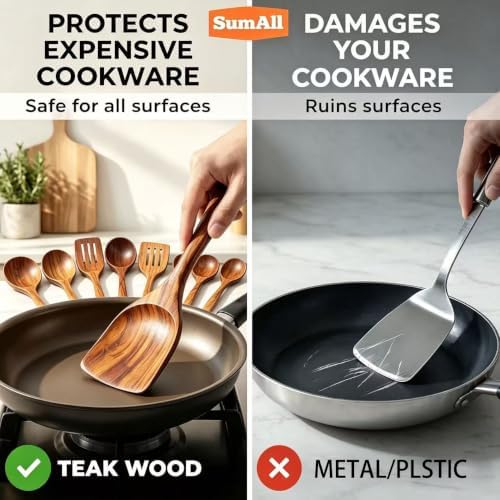 6-Piece Teak Wooden Utensil Set with Hooks