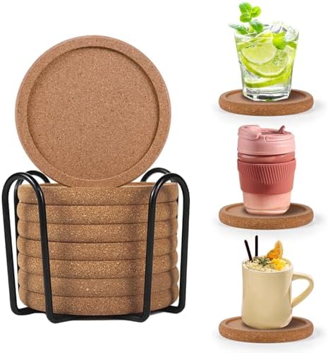Cork Coasters for Drinks Set of 8 with Holder, 4 in Diameter