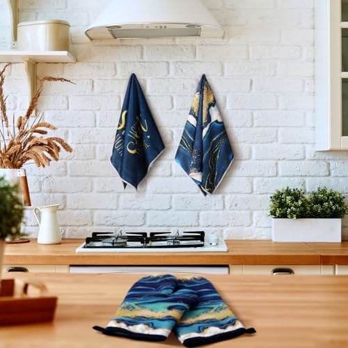 Bencailor 6 Pcs Blue Kitchen Towels, Oven Mitts and Potholder