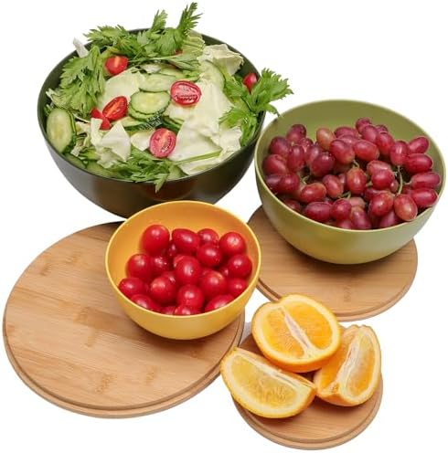 ECOWAY Salad Bowl Set of 3 with Bamboo Lids, Mixing Bowl Set, Nesting