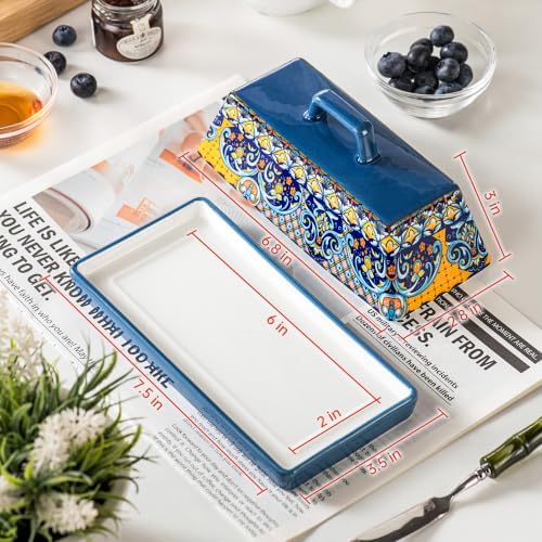 Boho Ceramic Butter Dish with Lid & Tray, Butter Keeper for Countertop