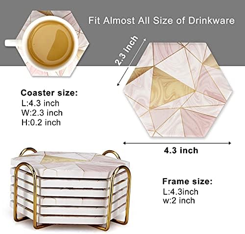 6 Pcs Cute Pink Absorbent Marble Coasters for Drink with Holder Coster
