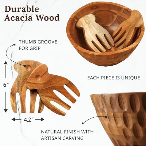 Wooden Salad Bowl - 11" Large Serveware Set w/Serving Utensils & Table