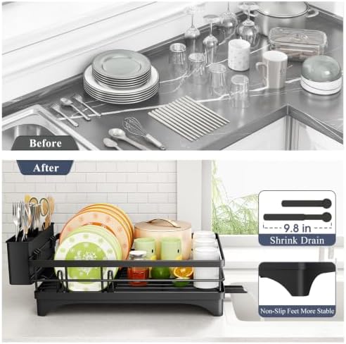 SAYZH Dish Drying Rack with Utensil Holder, Black