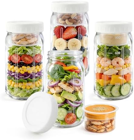 4Pack Glass Salad Jars with lids meal prep- 32oz Leakproof container