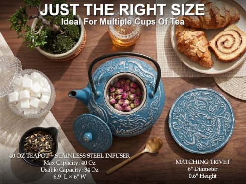 40 Oz Blue Dragon Cast Iron Teapot, Enamel Interior, Infuser & Trivet