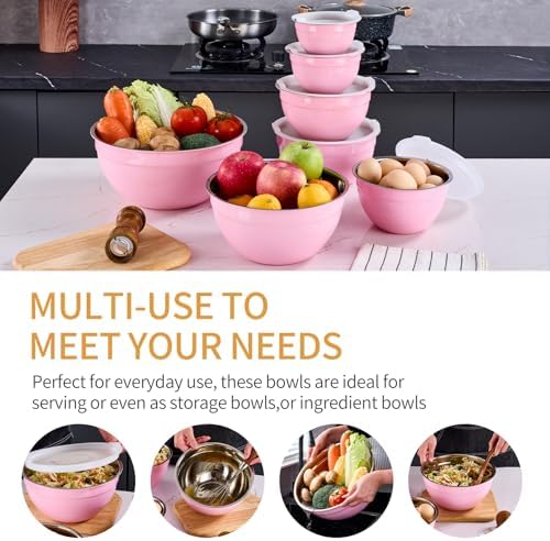 Pink Mixing Bowls With Airtight Lids,Stainless Steel Bowl,Salad Bowls
