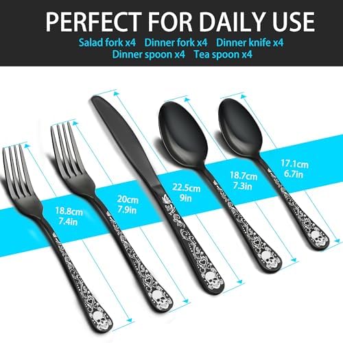 Skull Black Silverware Set for 4, 20-Piece Black Flatware Set, Gothic