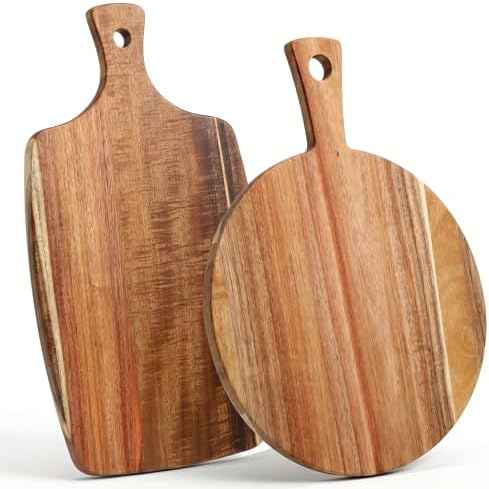 2 Pack Acacia Wood Cutting Board with Handle – 2 Shapes Wooden Charcuterie Board Set, Large Paddle Carving Chopping Block for Meat, Cheese, Fruit, Pizza, Bread – Farmhouse Serving Tray