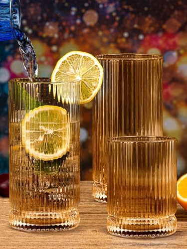 Amber Glassware Ribbed Drinking Glasses Set of 8, Vintage Glassware