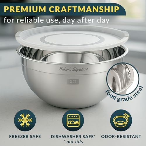 Stainless Steel Mixing Bowls with Lids Set of 3, Nesting Metal