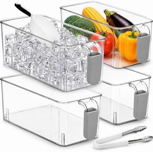 Pumtus 4 Pack Clear Ice Bins for Freezer, Plastic Ice Bucket with