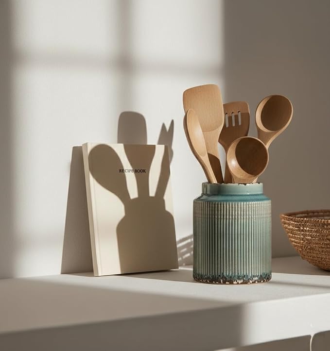 JIEMEI HOME Kitchen Utensil Holder, 6.77" Ceramic Farmhouse Stable Utensil Crock - Image 8