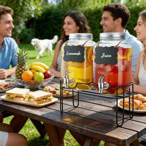 1 Gallon Glass Drink Dispensers For Parties, 2 Pack Beverage