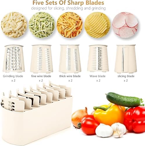 Rotary Cheese Grater with Handle, 5 Interchangeable Blades, White