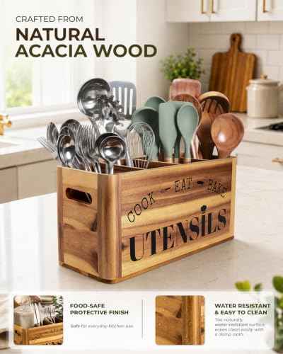 INSAGO Extra Large Acacia Wood Utensil Holder With 4 Compartments & Handles