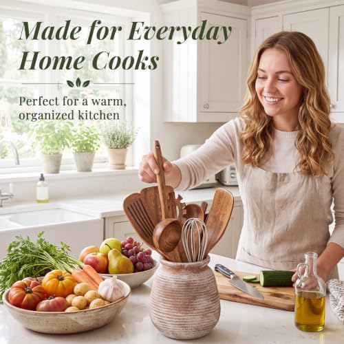 SiliFine 11 Pcs Cottage Kitchen Utensil Set with Ceramic Crock, All in