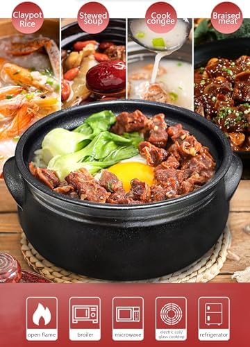Korean Premium Stoneware Black Casserole Clay Pot with Lid,For Cooking