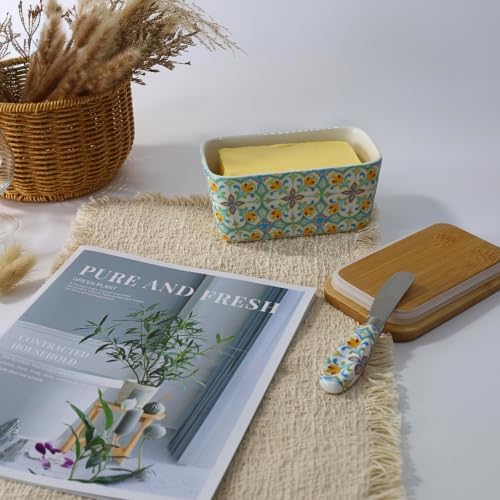 Butter Dish with Lid for Countertop 16oz, Ceramic, with Boho Knife