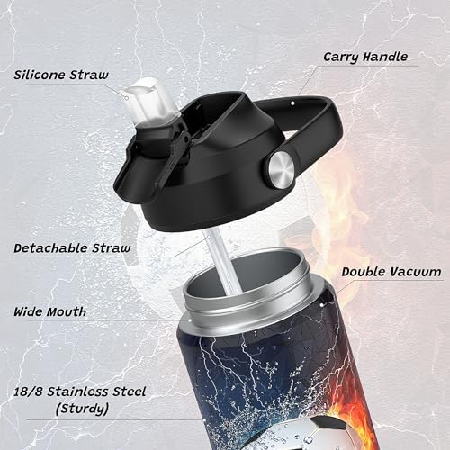 Boys Soccer Water Bottle for School,Kids 18 oz Insulated Stainless