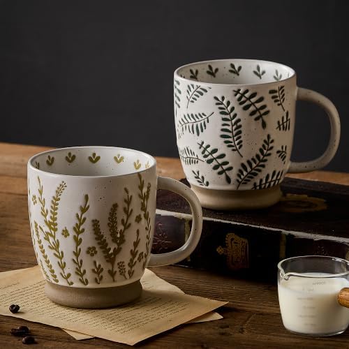 18 Oz Large Ceramic Coffee Mug Set of 2 - Rustic Handmade Floral Mugs